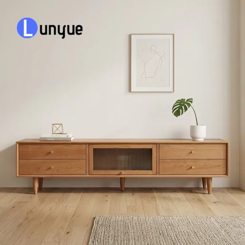 Modern Solid Wood Cherry TV Cabinet Coffee Table Set Eco Friendly Modular Japanese Design For Small Space Apartments