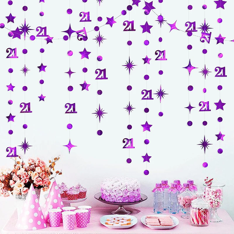 Purple Girls Boys 21st Birthday Streamers Bunting Banners Finally Legal Party Decor 21th Circle Dots Twinkle Star Paper Garlands