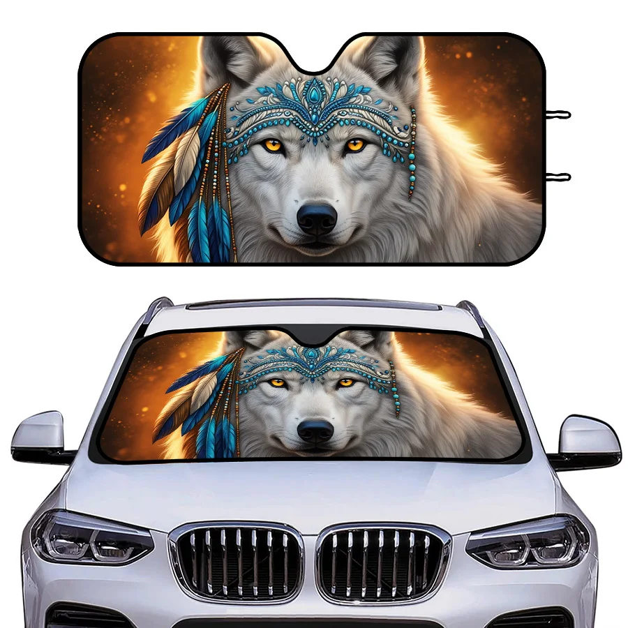 Multi-Functional Foldable Car Window Sunshade 3 Sizes, White Wolf With Blue Feather Headdress And Turquoise Beads Design, Sun Pr