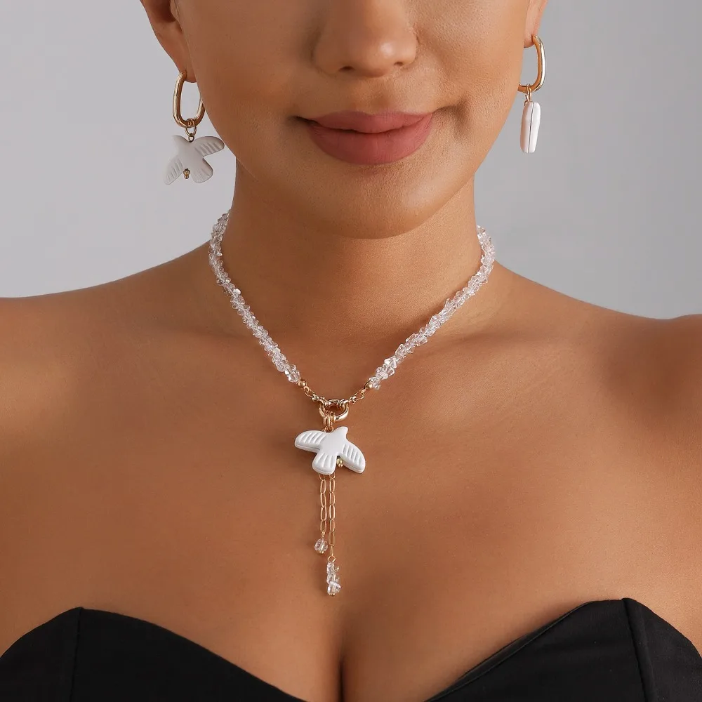 New Trendy White Flying Bird Dove of Peace Pendant Crystal Beaded Tassel Choker Necklace Bracelet Earrings Set for Women Jewelry view 2