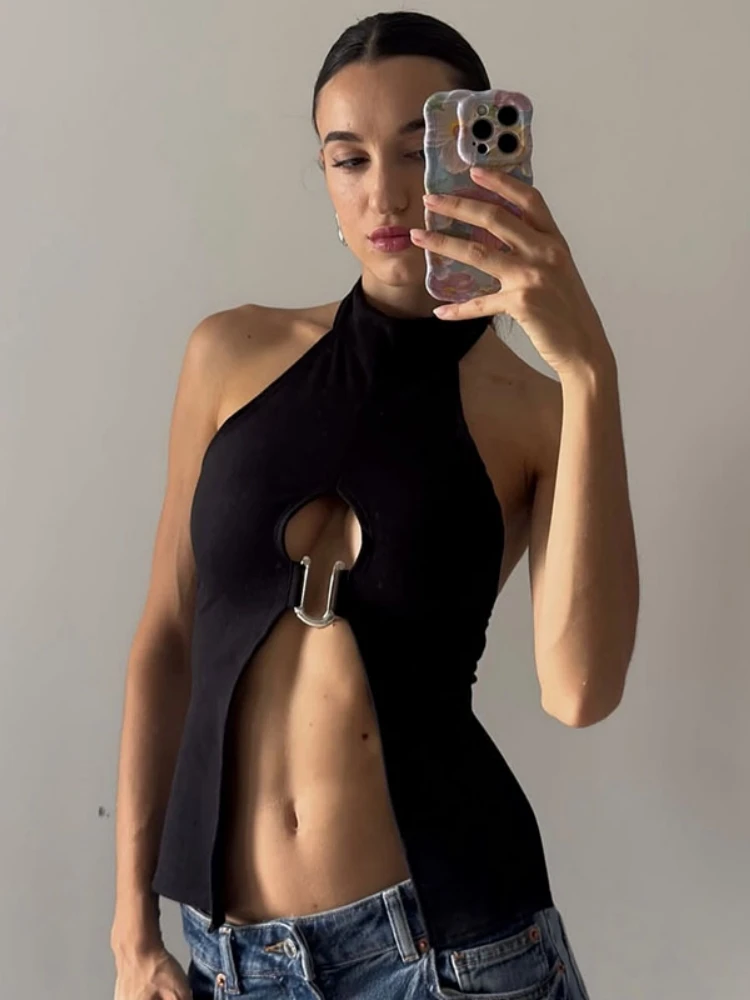 

Neck-mounted Halter Top Hollow Out Hot Tops For Women Edgy Clothes Y2k Accessories Camison Verano Rave Outfit Ropa De Mujer