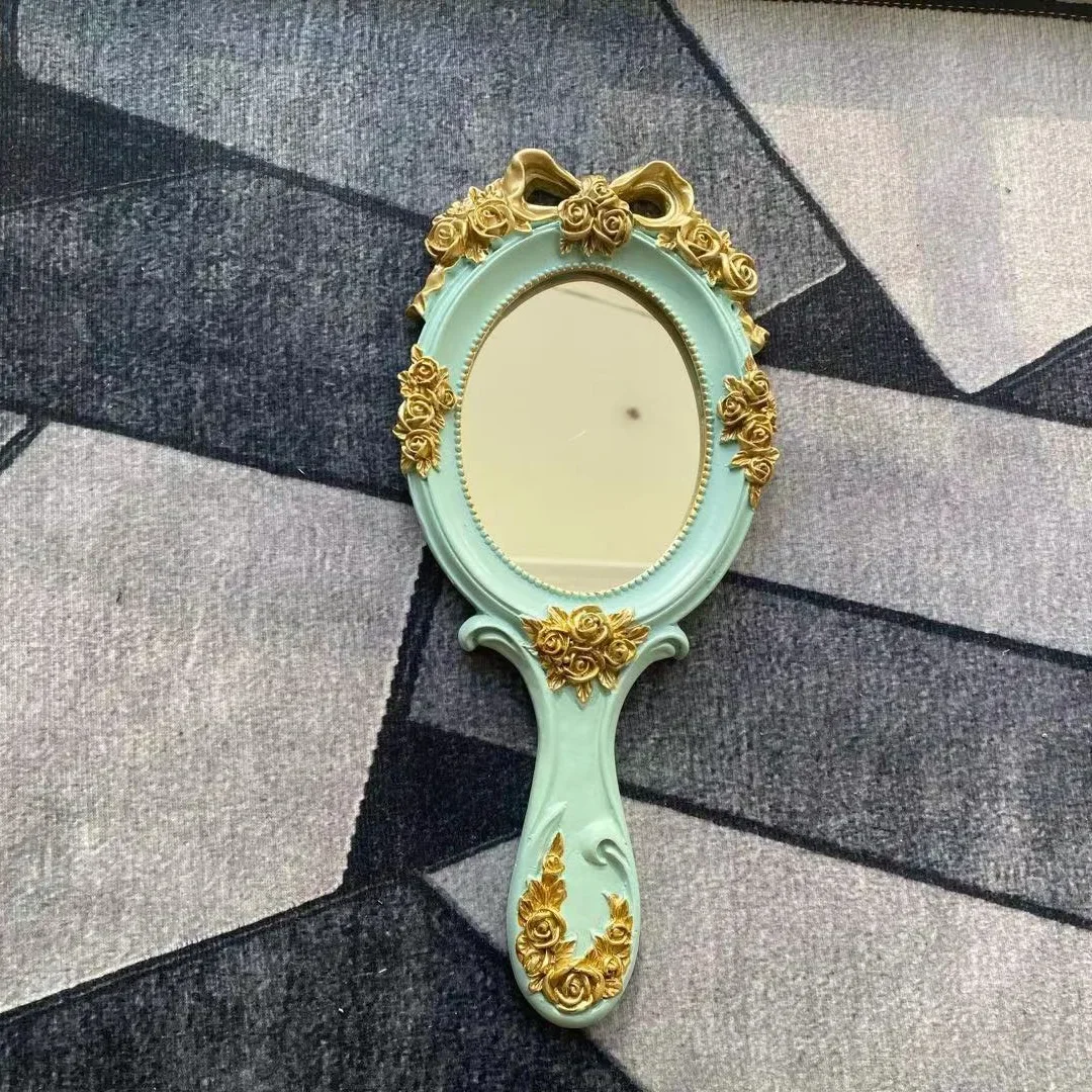 Miroir rétro européen avec poignée pour femme, miroir de maquillage portable, appareil photo de forme nar, miroirs dorés baroques antiques