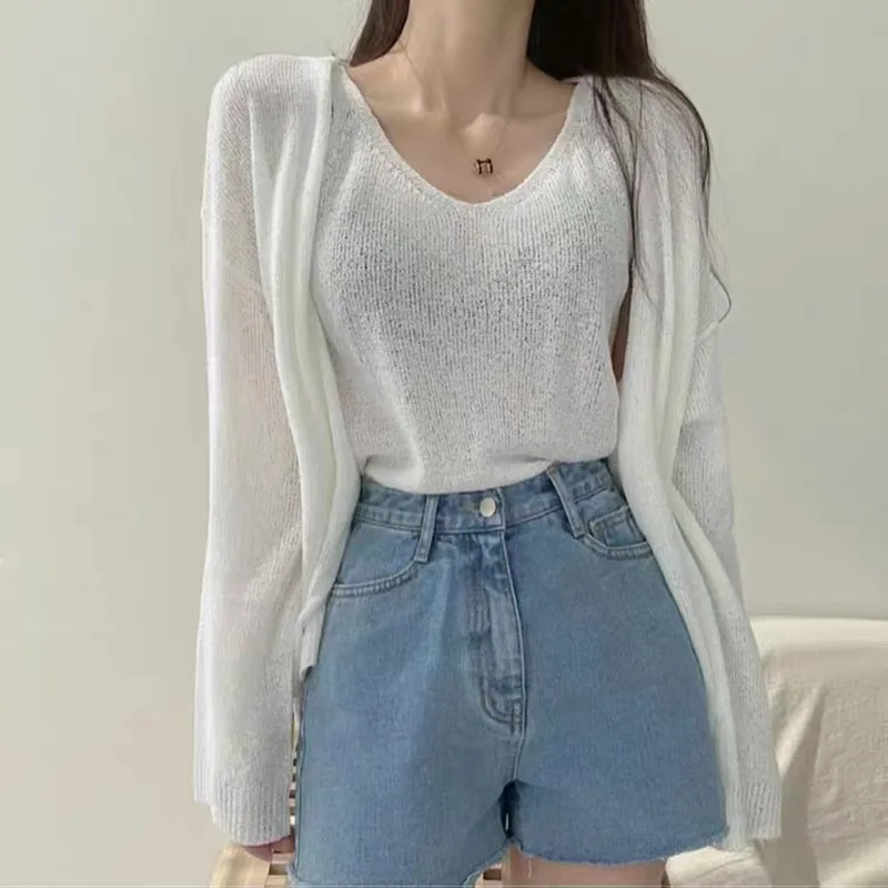 Chic Thin Knitted Cardigan Women's Summer New Long Sve Sun Protection White Top Strap Outerwear Two-Piece Set Sweet Sle ...