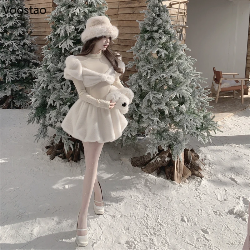 Autumn Winter Sweet Lolita Style Dress Women Casual Plush Patchwork Elegant Bodycon Mini Dress Y2k Korean Fashion Party Dresses