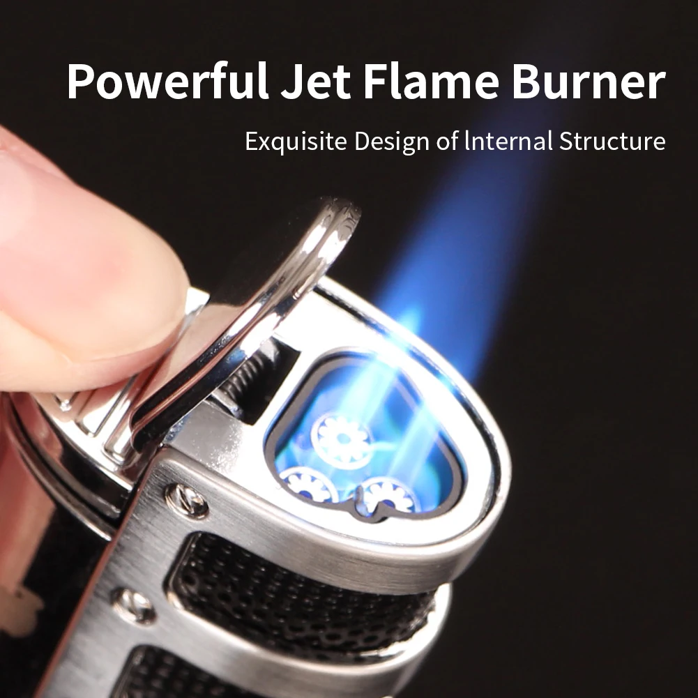 Luxury Cigar Lighter Refillable Butane Gas 3 Torch Jet Flame Windproof Smoking Lighter W/ Cutter Punch