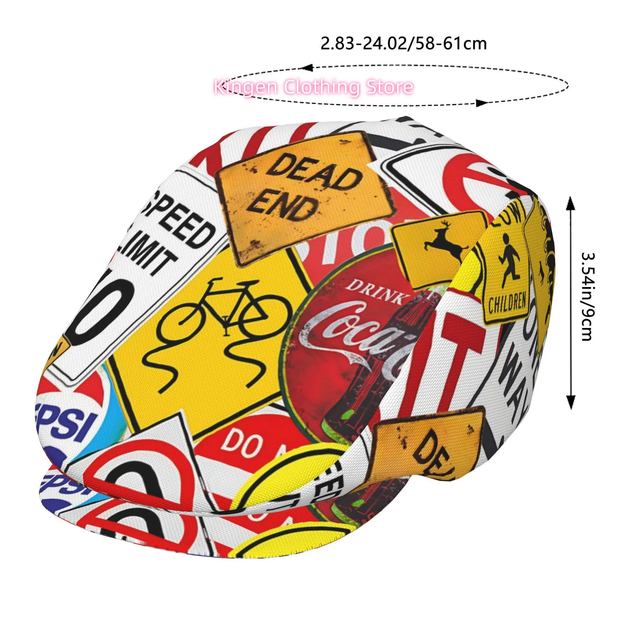 1pc Traffic Sign Collage All-Over Printed Beret, Retro Newsboy Cap, Unisex, Essential Fashion Accessory for Outdoor Leisure And