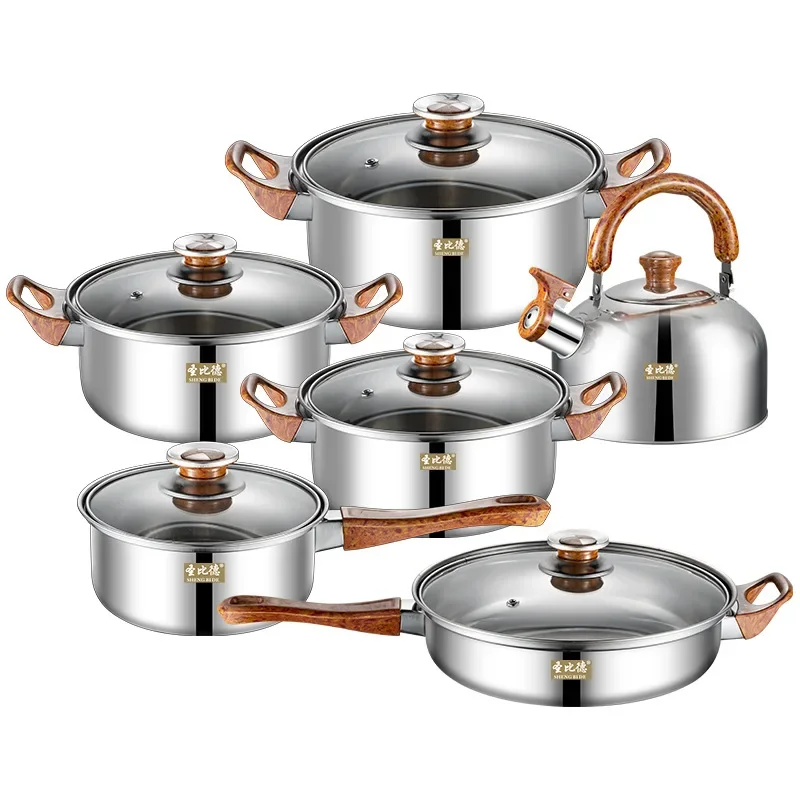 Stainless Steel 12 Piece Set of Pot Wooden Grained Handle with Water Pot Set of Kitchen Cooking Flat Bottom Pot Set