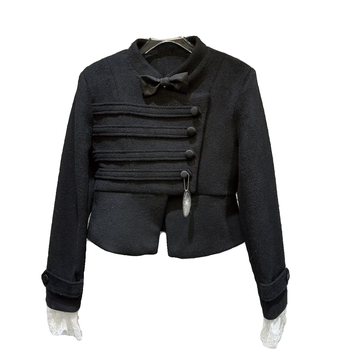 เสื้อโค้ทกันลมสไตล์ฝรั่งเศส รุ่นใหม่ ฤดูหนาว 2025 พร้อมโบว์ผูก ผ้าลูกไม้ คลิปติดเสื้อ ผ้าฝ้าย ผ้าขนสัตว์ หรือ เสื้อคลุม