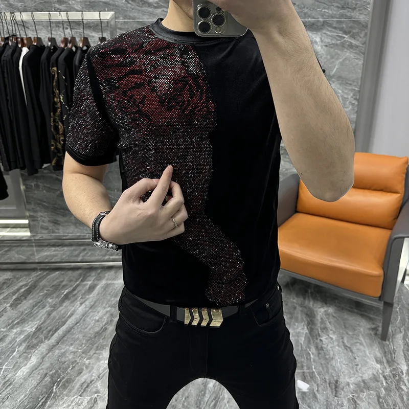 

High-End Rhinestone T Shirt Man Short Sleeve Tiger Elastic Casual Summer Quality Soft Comfortable Tide Brand Camisetas De Hombre