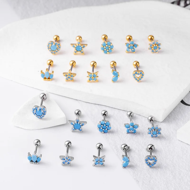 

Miqiao 1 Pair Fashion Stainless Steel Earth Blue Double-headed Screw Studs Fine Rod Studs Piercing Accessories