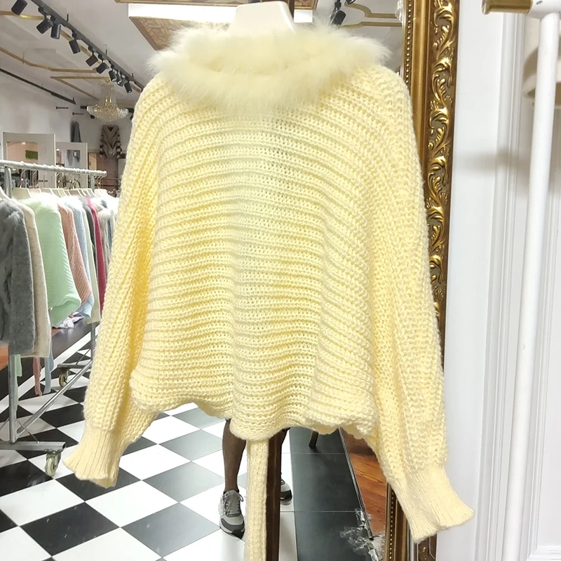 2025 Cardigan lavorato a maglia allentato con maniche a pipistrello autunno donna con vera pelliccia di volpe Moda maglieria a maniche lunghe Capispalla femminile