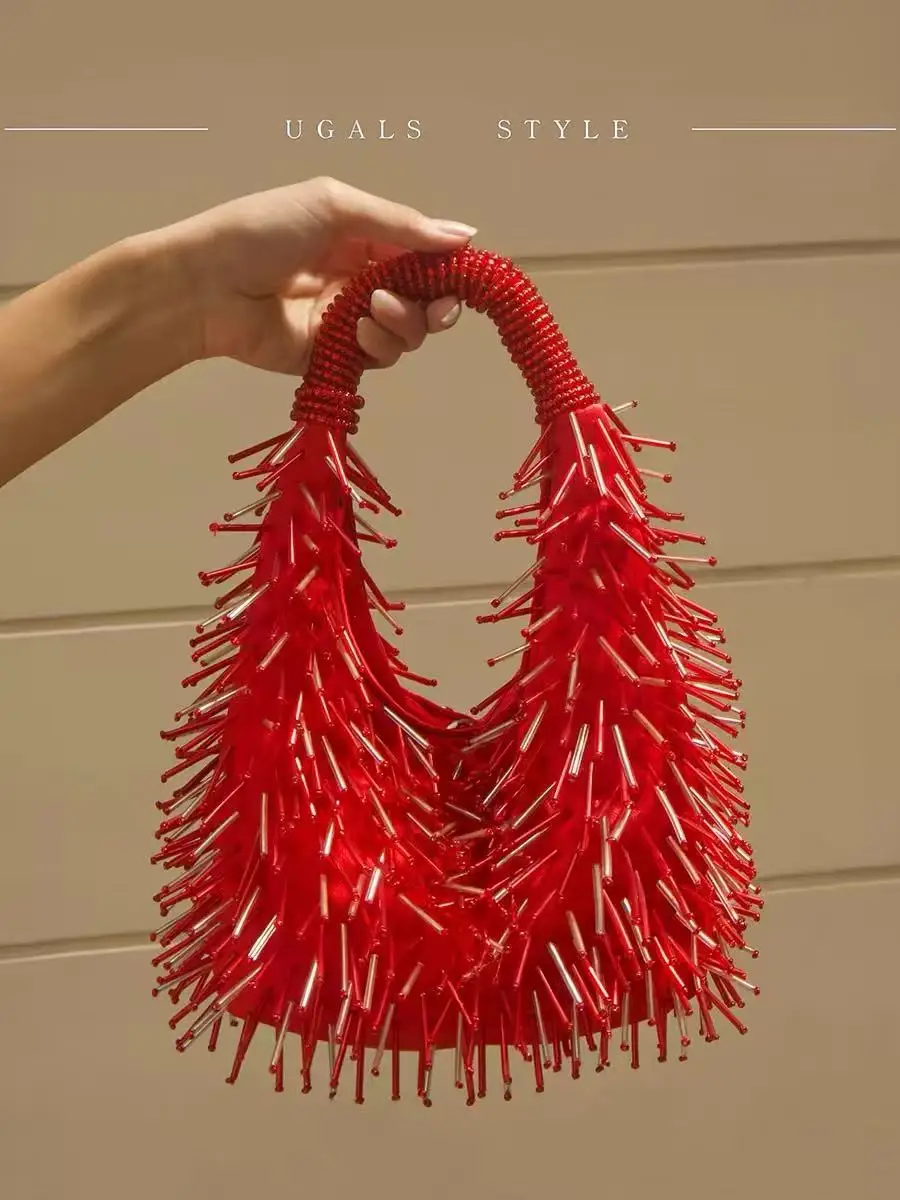 

Fashion Beads Beading Tassel Handmade Women Handbag Luxury Cluth Purse Casual Cool Bag Shoulder Underarm Bag Female Banquet Bag