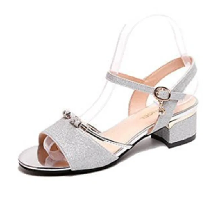 New Summer Fashion Golden Open-toe Sandals with Buckle Ladies High Heels Sandalias Square  Solid Basic Mid  Women Shoes