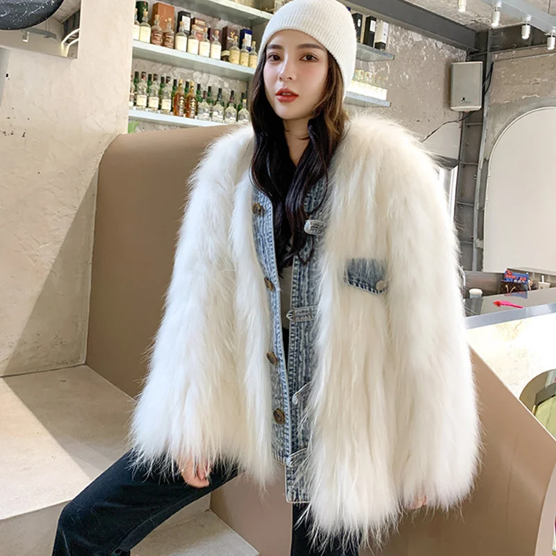 Winter frauen Fur Fashion Mantel Denim Nähen Echt Fuchs Waschbär Hund Pelz Medium und Lange Einreiher Geflochtene Jacke frauen