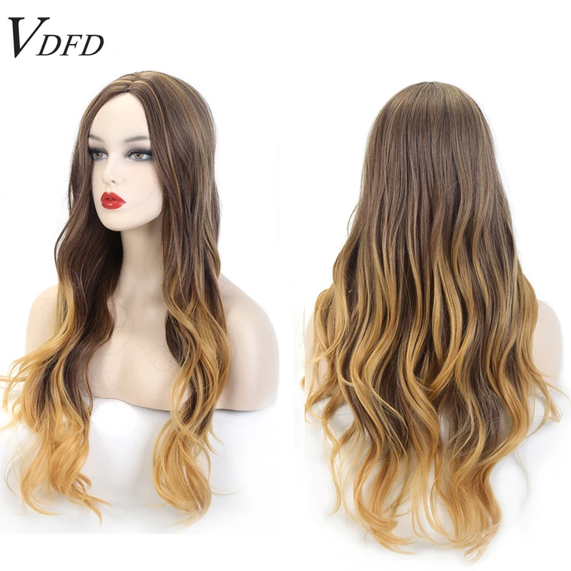 VDFD Synthetic Wig Long Wavy Light Brown Ombre Natural Curly Hair Cosplay for Women Daily Heat Resistant