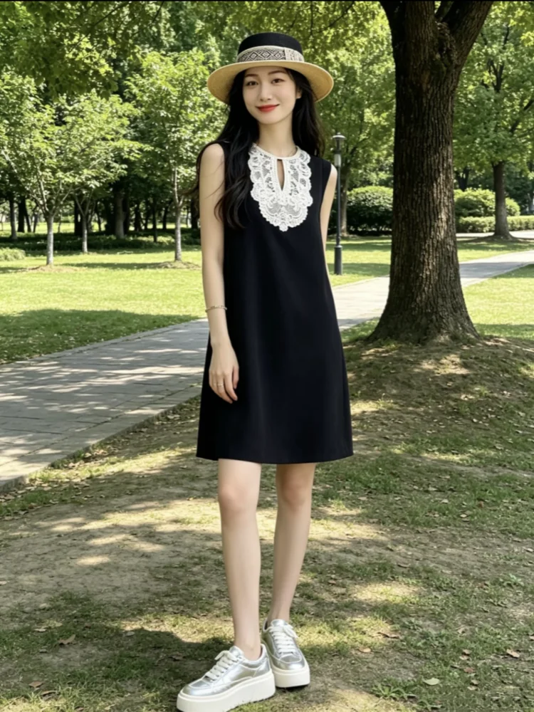 Novo Vestido Elegante Preto de Renda com Gola, Sem Mangas, em Acetato, Estilo Boneca, Modelo Evasê, Cintura Solta, Estilo Soc...