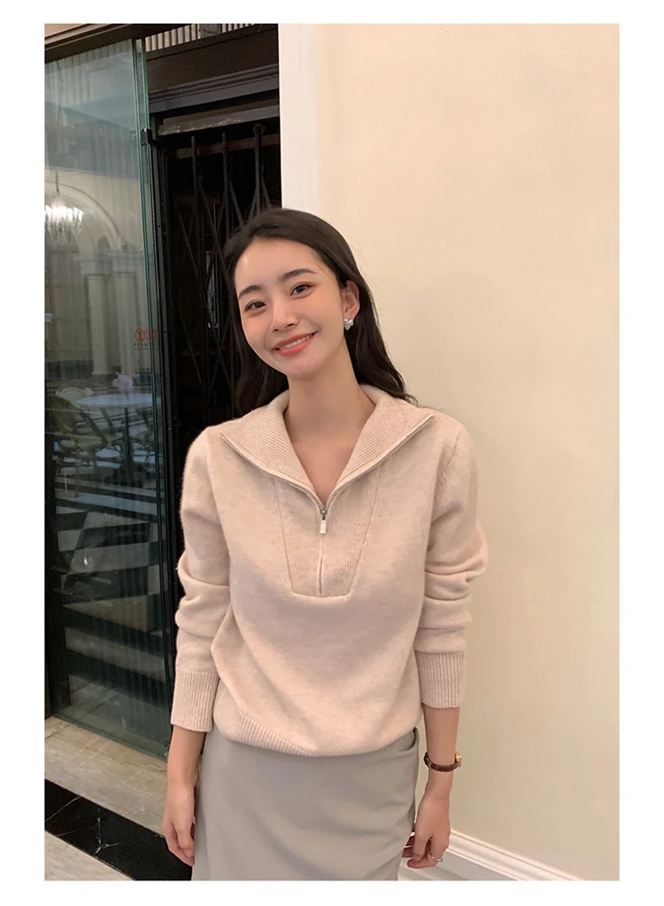 Polo Lapel Cashmere Sweater for Women, Thick Pullover, Loose Zipper, Long Sleeve Top, Knitted Wool Coat, Monochromatic