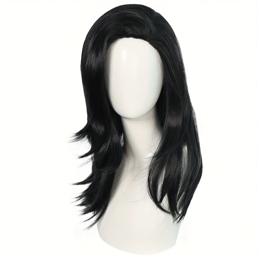 Peruca de cabelo sintético de 18 polegadas de anime, peruca preta reta de comprimento médio Halloween