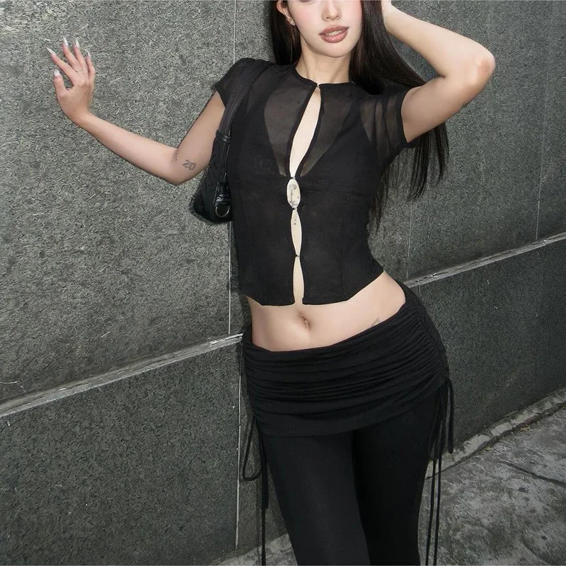 2026 Sommer Damen Y2K Sexy Club Party Transparentes Mesh Figurbetontes Crop-Top mit Hakenverschluss Rundhals Kurzarm T-Shirt – Detail 7