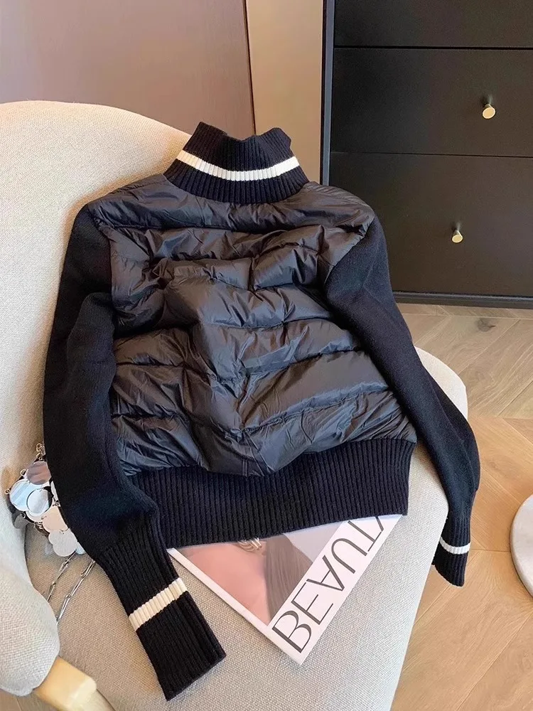 Chaqueta de algodón para mujer, abrigos de manga larga tejidos con empalme de contraste de Color para otoño e invierno, ropa de abrigo ligera con cuello levantado