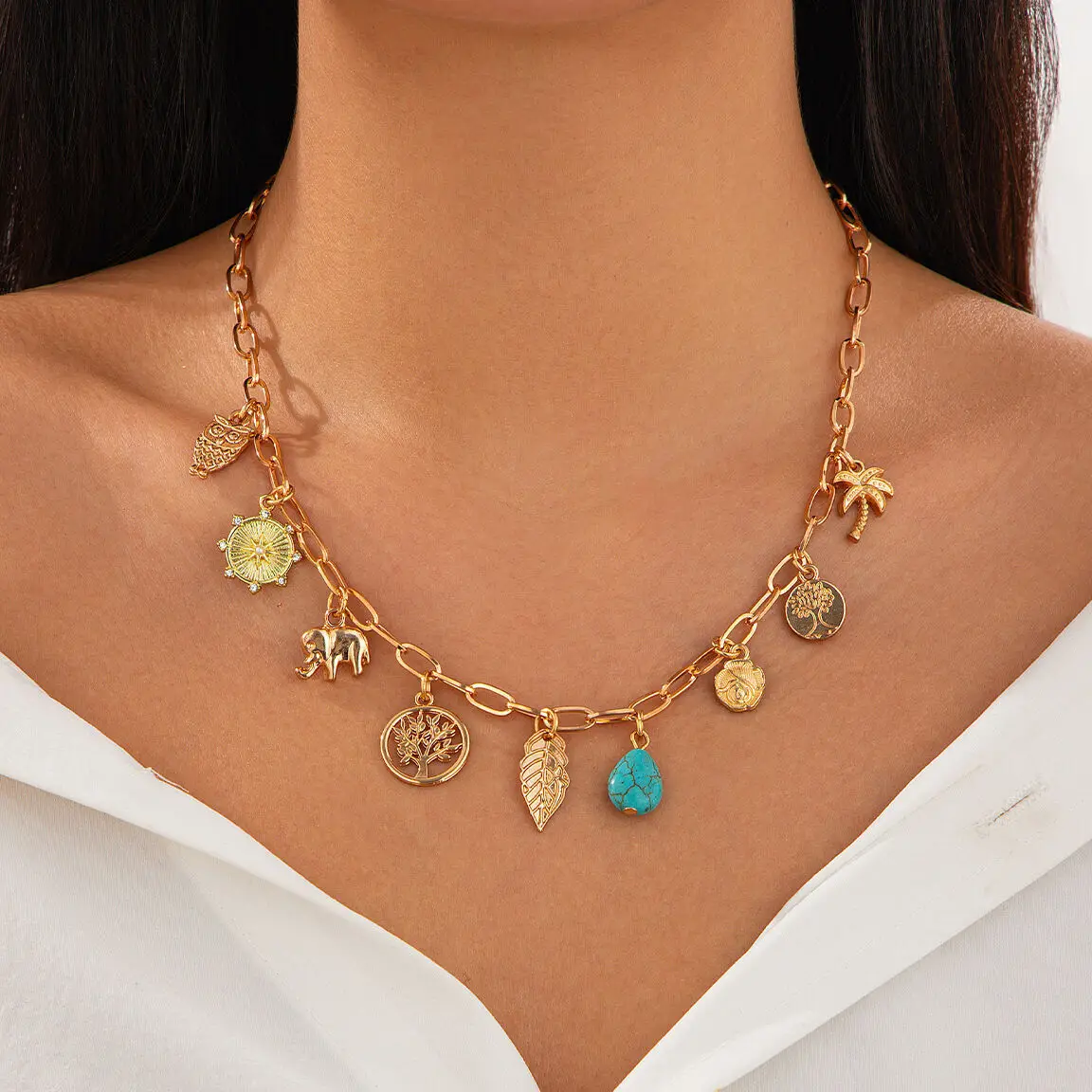 IngeSight.Z Vintage Gold Color Starfish Sun Pendant Choker Necklace Woman Punk Creative Metal Clavicle Chain Ladies Jewelry