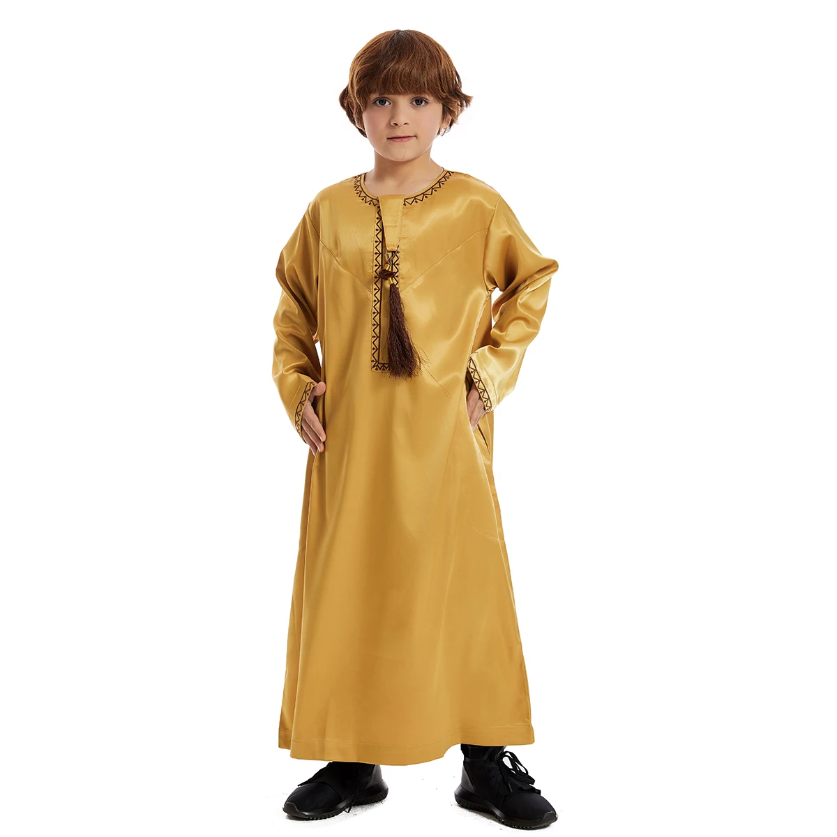 Baju Muslim anak laki-laki, baju gamis rumbai lengan panjang, Gaun Arab Saudi, Abaya, Kaftan, Jubba, pakaian Islam, lebaran, anak-anak, djellas,