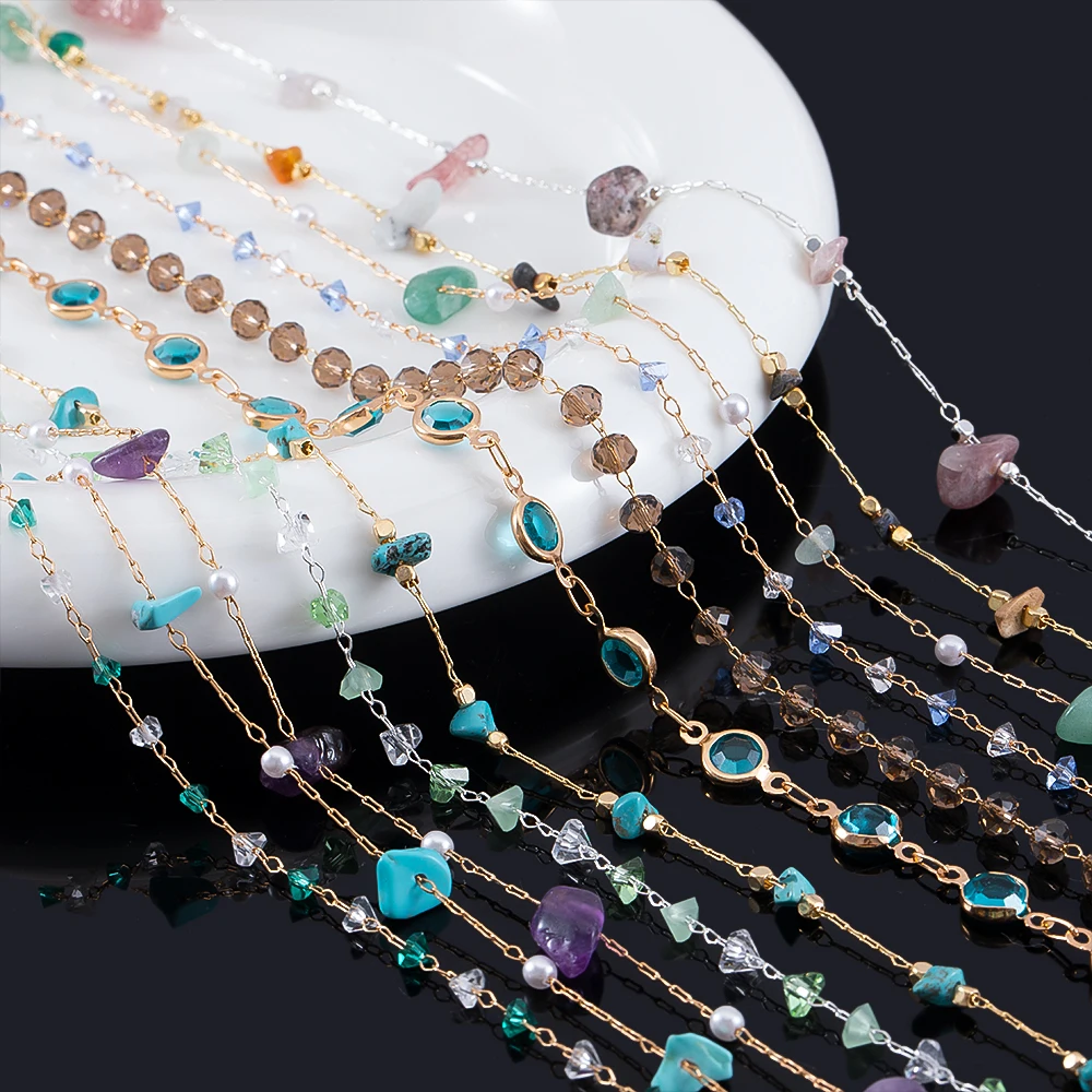 

1Meter/lot Lucky crystal Brightly Colored Stone Beads Chain With Pearl Beads Links For DIY Jewelry Necklace Bracelet Accessories