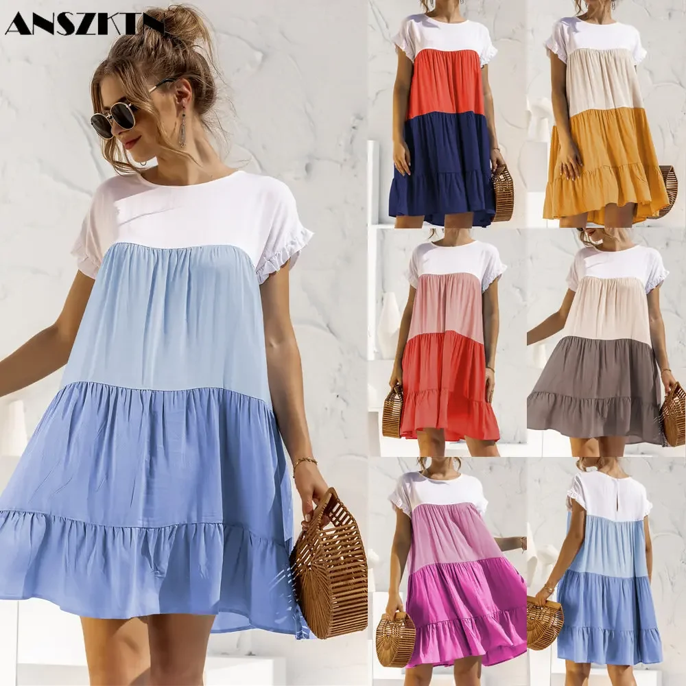 Spring Summer ANSZKTN Spot Hot Selling Color Blocking Short Sleeve Loose Casual Dresses For Women