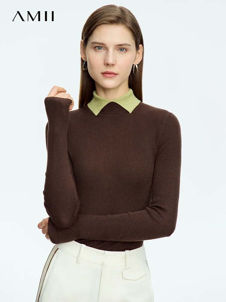 AMII Minimalist Color Contrast Sweater for Women 2024 Autumn Turn Down Collar Niche Slim Fit Knit Tops Warm Sweaters 12323149