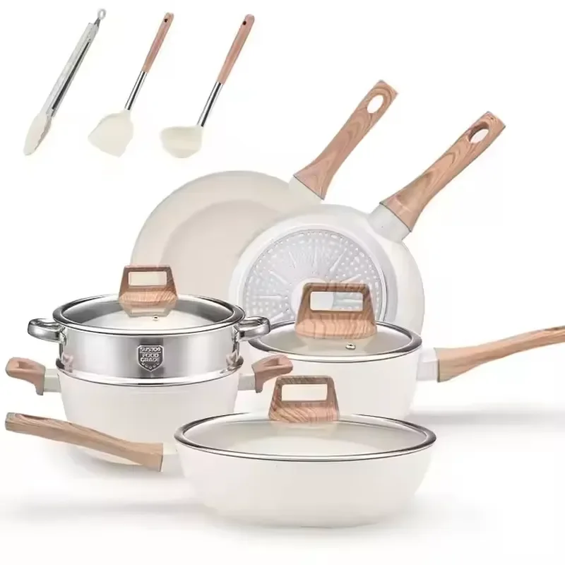 Hot Selling Kitchen Cookware Set Sustainable Non-Stick 12 Pieces Set Cookware Utensil Wok Soup Pot Spoon Spatula Tong