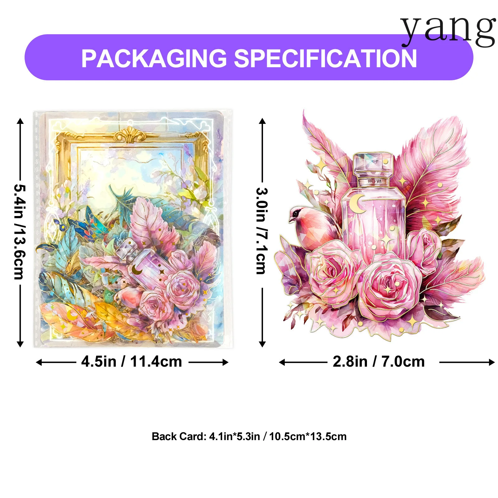 Yjq 2pcs retro light luxury feathers 30 PET three-dimensional bronzing laser transparent waterproof hand account stickers