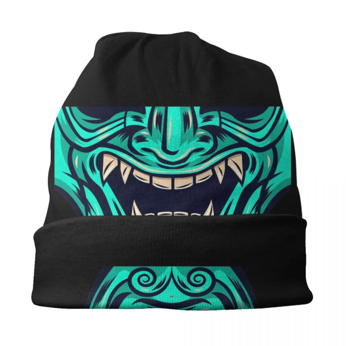 Benutzerdefinierte Teal Blue Samurai Krieger Oni Streetwear Winter Warme Frauen Männer Gestrickte Hüte Erwachsene Japanische Dämon Teufel Ninja Motorhaube Hüte