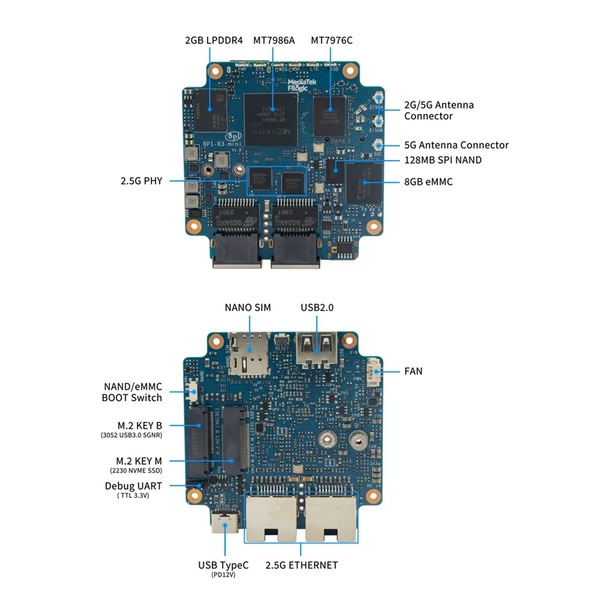 Imagem -05 - Mini Router Board para Banana pi Bpi-r3 Mt7986 Arm A53 2g Ddr4 8g Emmc Suporte Wifi e 2x2.5gbps