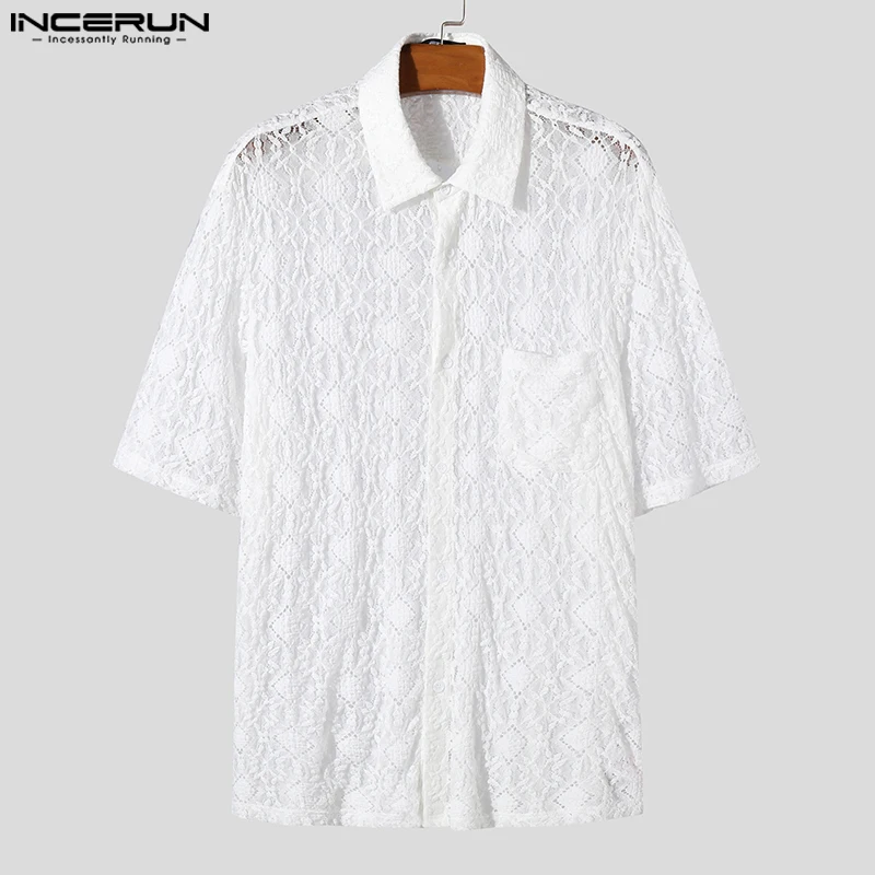 INCERUN Men Shirt Lace Hollow Out Lapel Short Sleeve Men Clothing Summer Transparent Vacation 2024 Loose Streetwear Shirts S-5XL