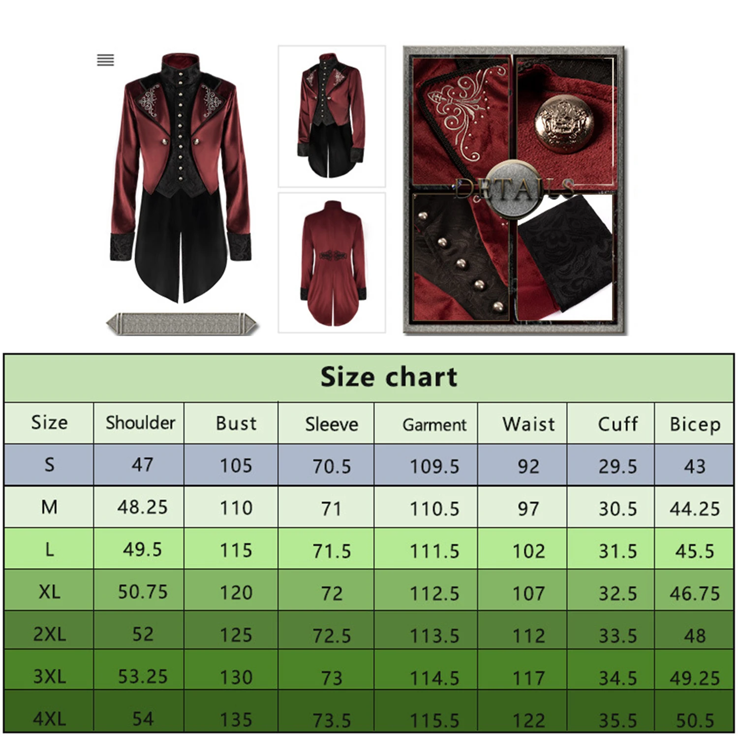 Mens Steampunk Victorian Jacket Gothic Tailcoat Costume Medieval Vintage Red Tuxedo Viking Renaissance Pirate Halloween Coats