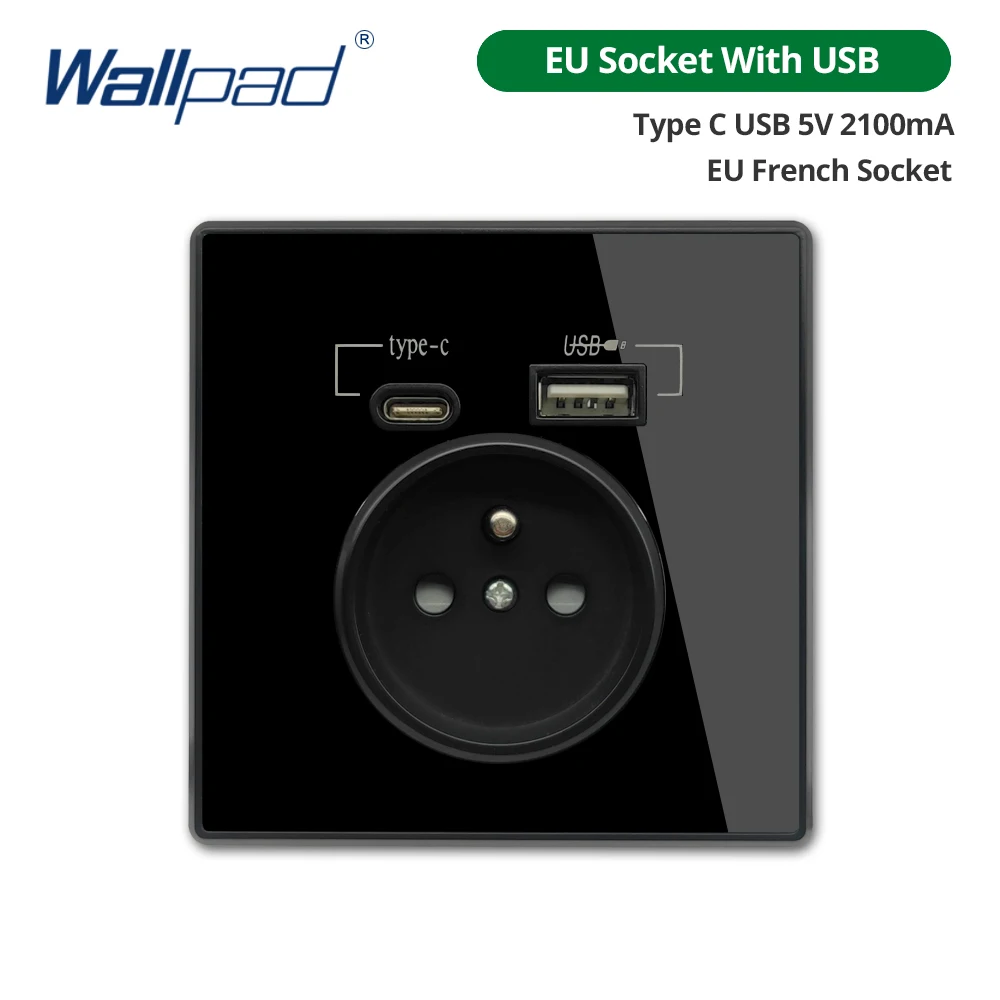 Type-C A Interface Outlet Acryl Spiegel Kristallen Paneel Zwarte Muur EU Rusland Spanje Frans Socket Met USB Charge 5V 2100mA Houder