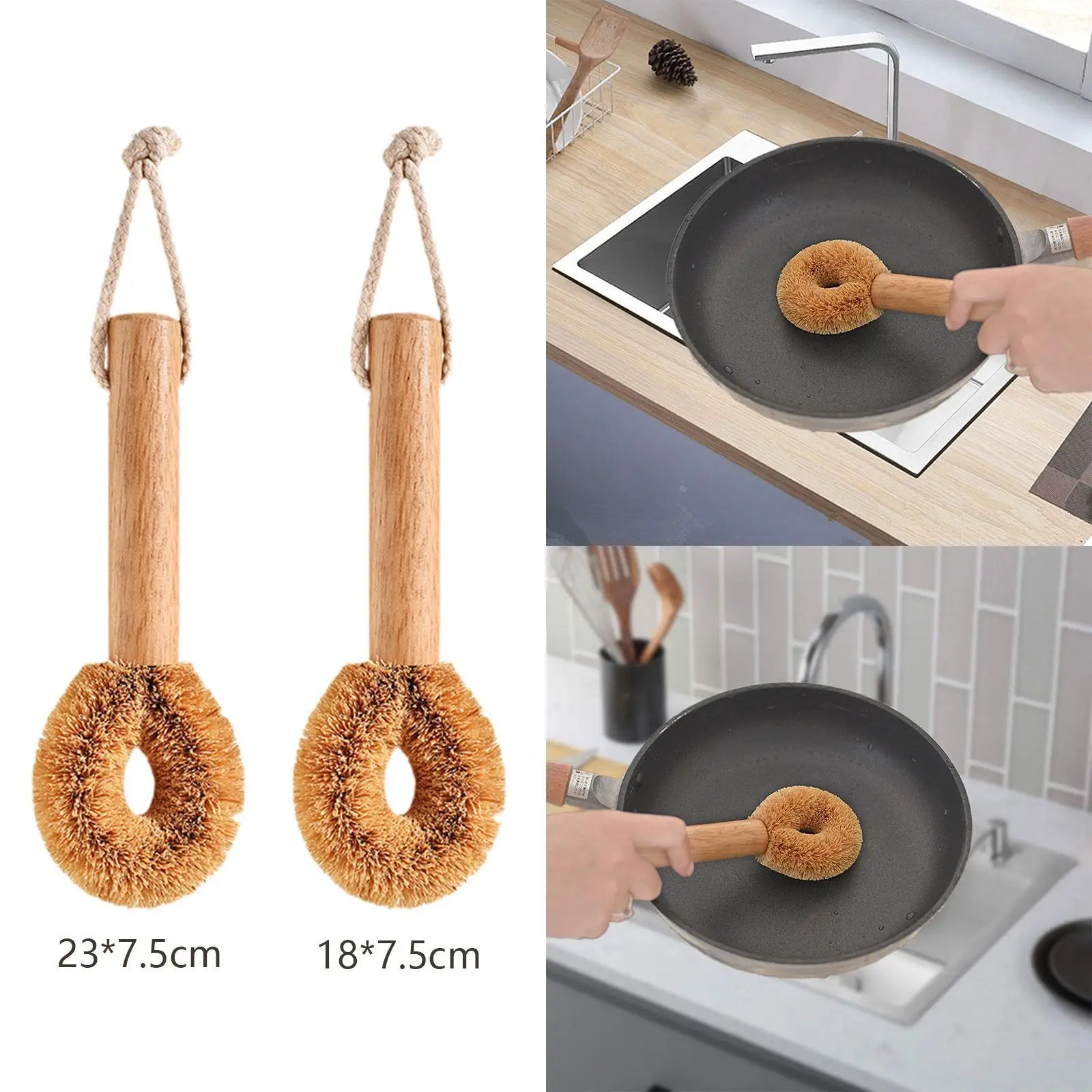 Escova para panelas e panelas Escova para limpeza de madeira com corda suspensa