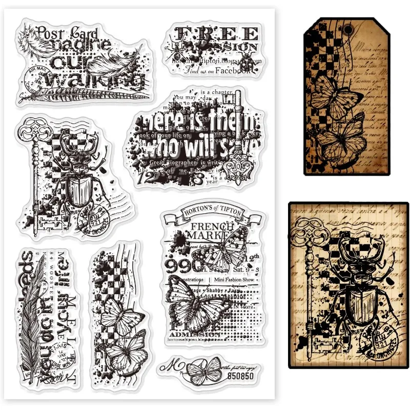 1Sheet Retro Keys and Feathers Clear Stamps for Cards Making Vintage Text Background Clear Stamp Seals Transparent Stamps