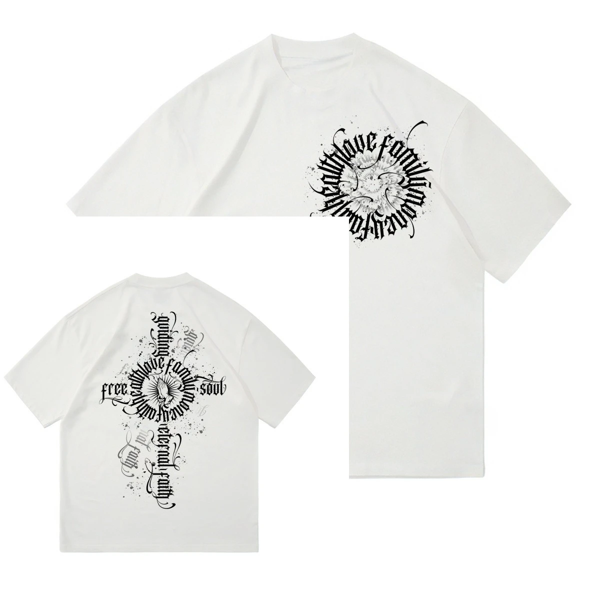 New Streetwear Brand Cross Font Hip-hop American West Coast Prayer Hand T-shirt Street Dance Tattoo Artist Bandit Heavyweight