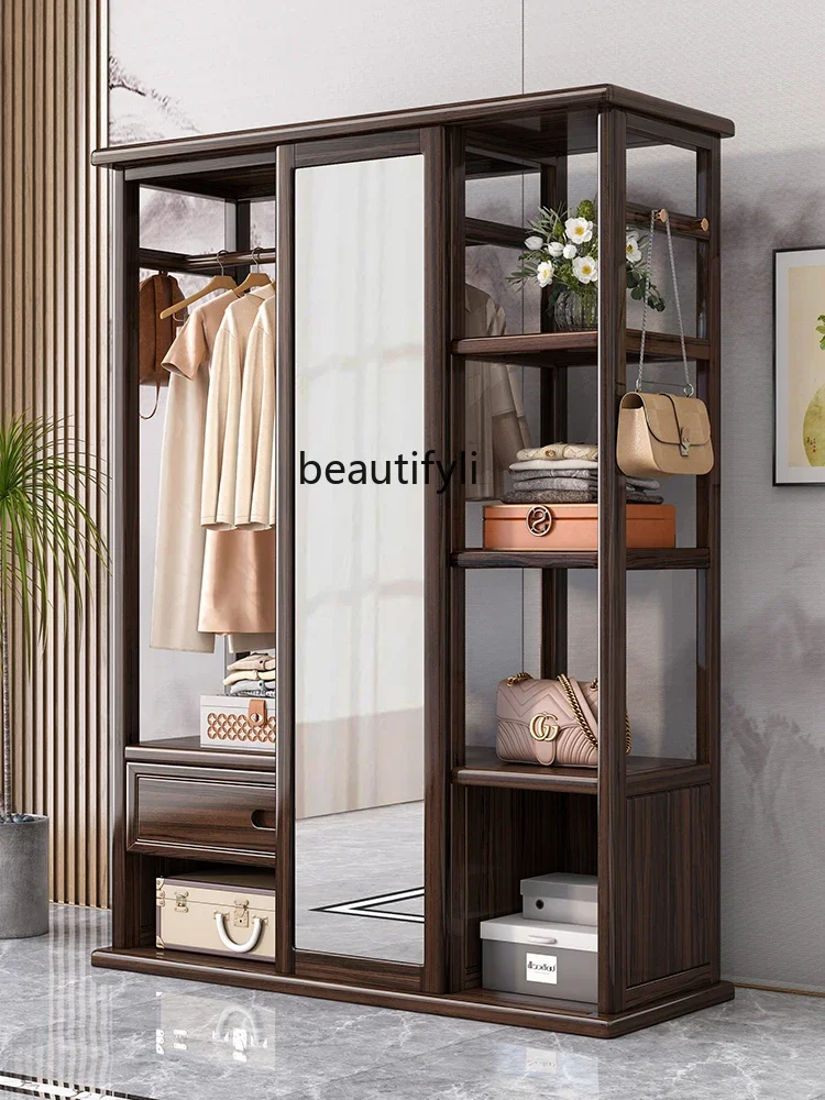 

Ebony solid wood floor coat rack full-length mirror mobile multi-function mirror hanging hanger
