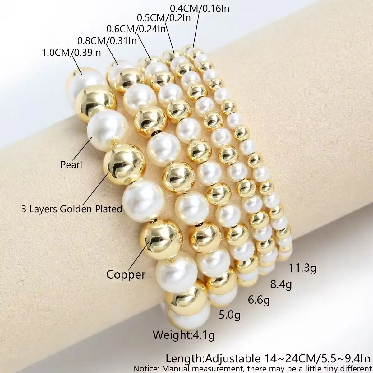 SUNSLL 10/8/6/4 mm Perlen-Armbänder, minimalistisch, vergoldet, Unisex, klassisch, verstellbar, Bankett-Schmuck, Geschenke, Frauen, Mädchen