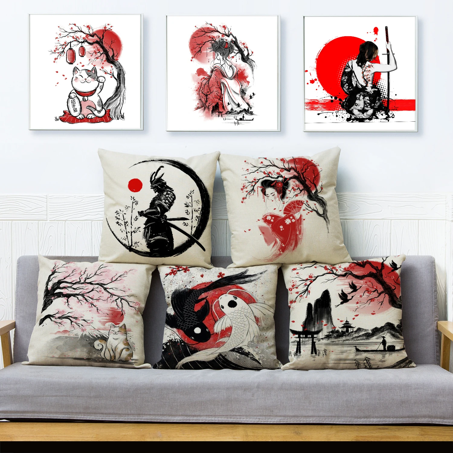 Japanese Style Ink Cushion Cover for Sofa Home Car Decor Beautiful Scenery Cat Girl Pillowcase Polyester Pillow Case 45x45cm