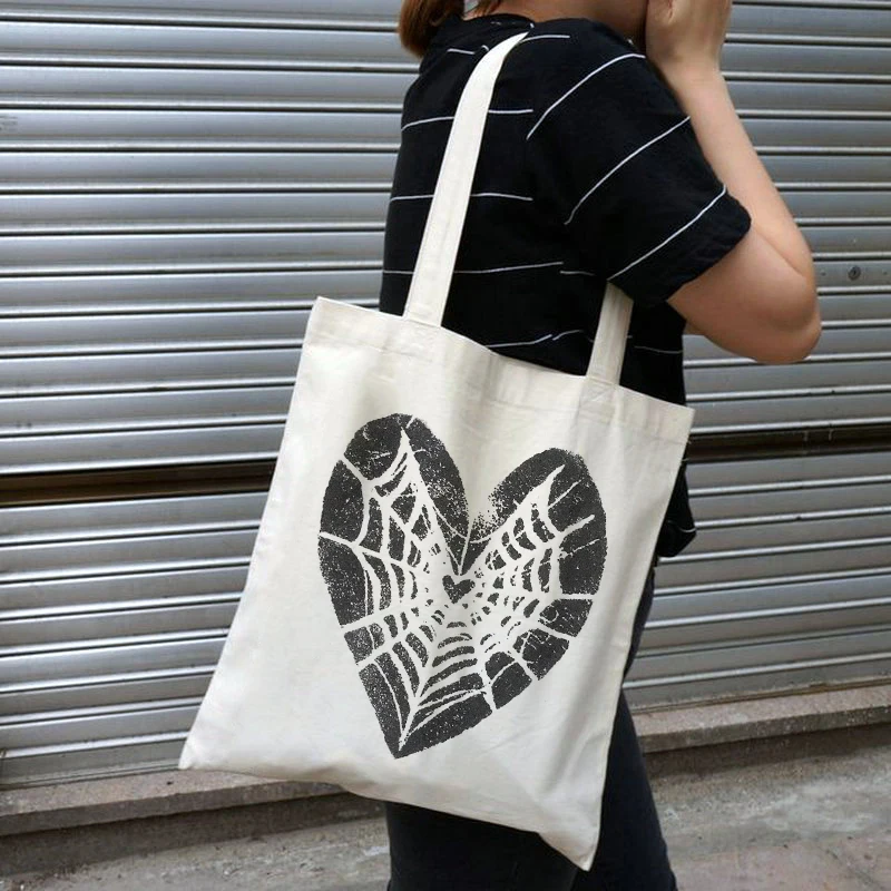 y2k Spider web print canvas bag emo casual big capacity Punk Aesthetic zip up kpop shopper bag gothic casual women shoulder bag