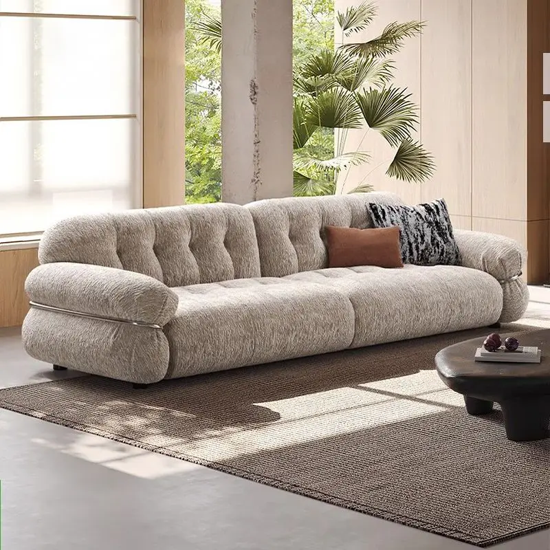 French retro Audrey fabric cream style sofa straight row antique fabric chenille sofa