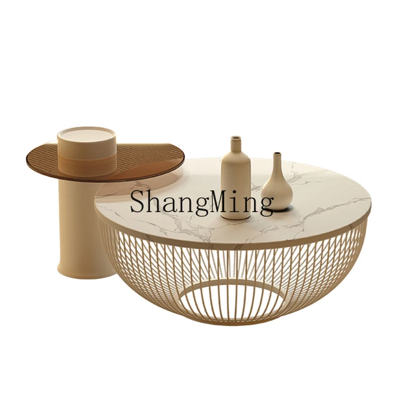 

TF rock slab coffee table living room home modern simple round small table light luxury Internet celebrity cream style