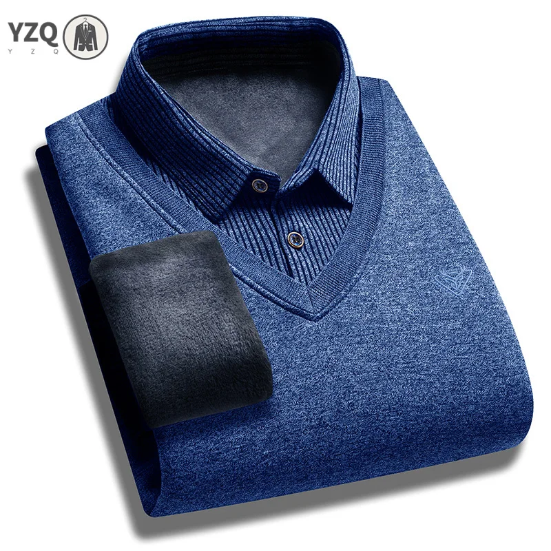 Daily Casual Male Fake Two Piece Knitted Top Waistcoat Style Fleece Lined Striped Shirt Collar Slim Fit Long Sleeve Garment