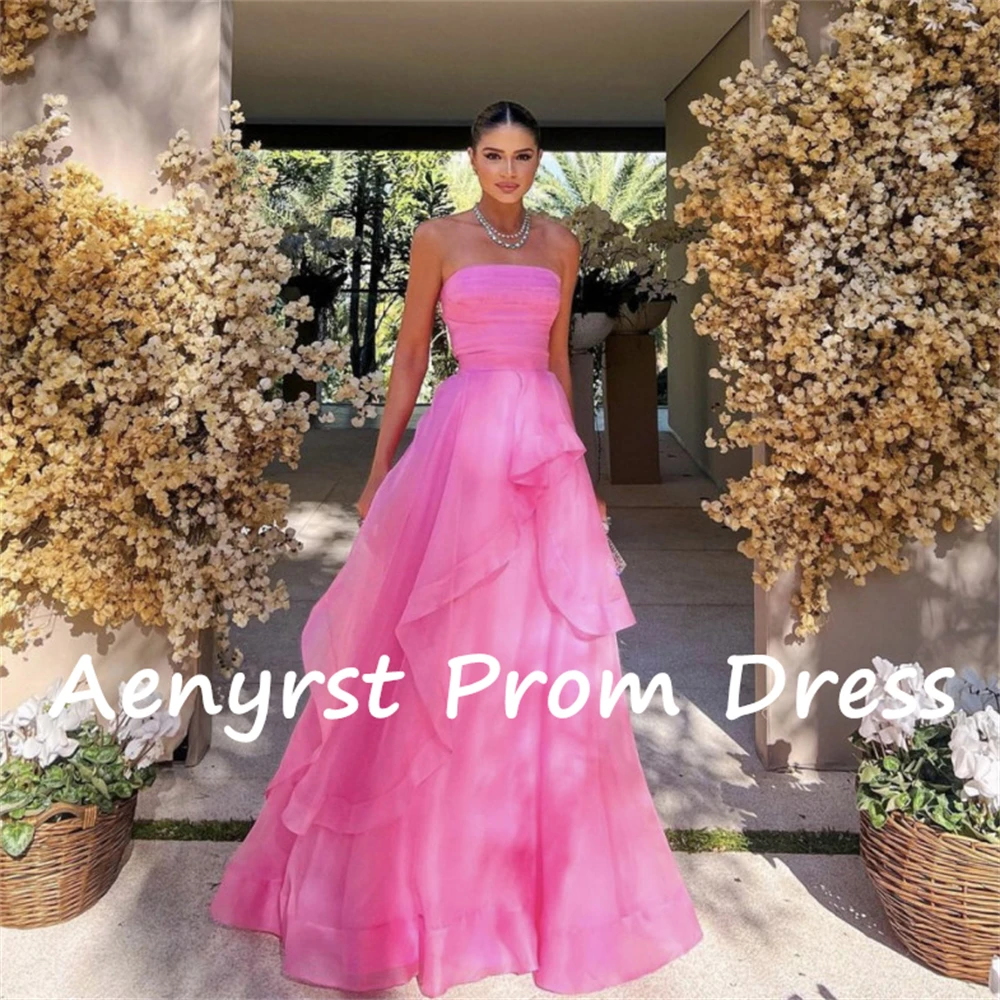 Aenyrst Roze Strapless A Line Avondjurken Voor Vrouwen Orangza Galajurken Vloerlengte Etentje Jurk Long فساتين السهرة ة