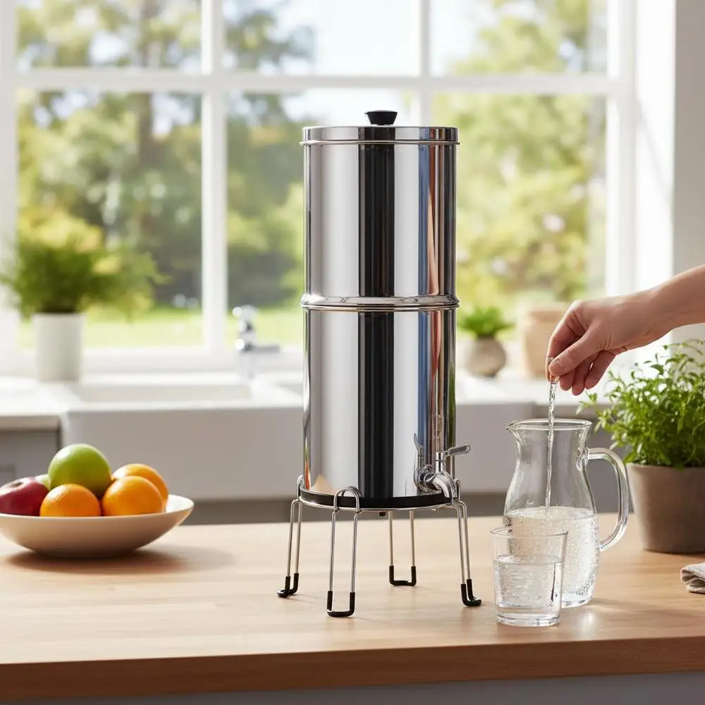 Système de filtration d'eau par gravité, système de comptoir en acier inoxydable, capacité de 7,8+8,5 L, réduit le plomb et jusqu'à 99 % du chlore, avec 2 filtres en céramique et carbone et robinet, pour le camping et les camping-cars