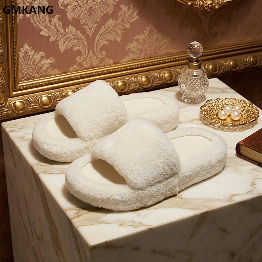 GMKANG Thick Sole Wool Slippers Women Round Peep Toe Slides Autumn Winter Daily Casual Comfort Flat House Shoes Soft Warm