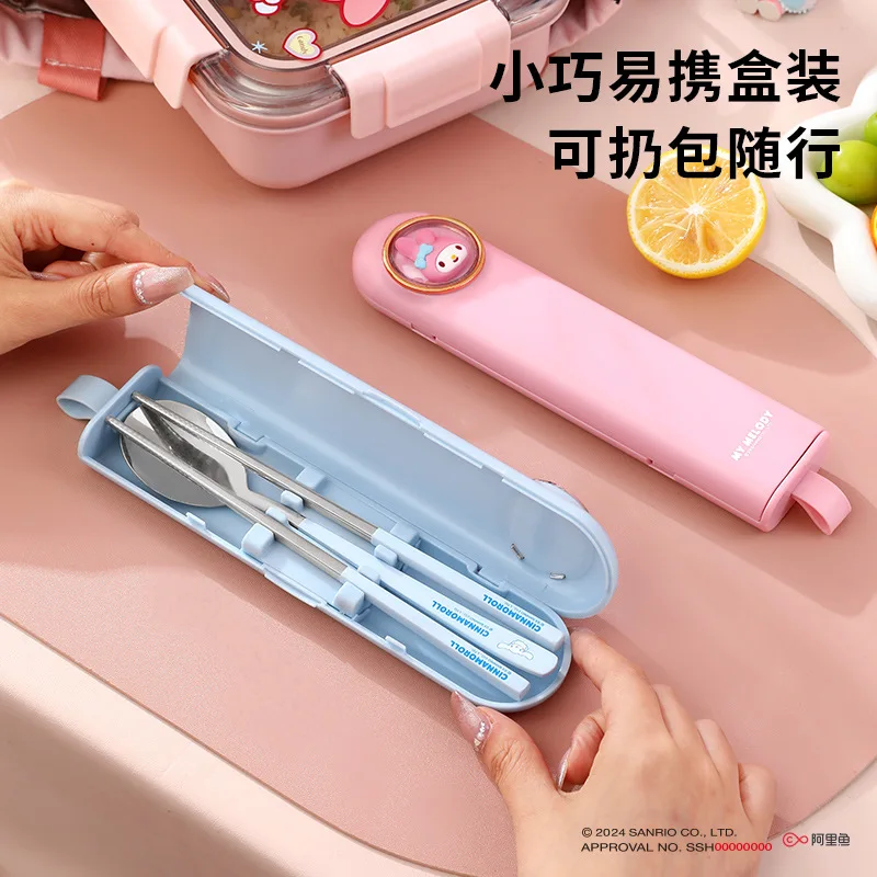 Sanrio My Melody Chopsticks Spoon Hello Kitty Cinnamoroll Portable Tableware Girl Heart Storage Box Cute Cartoon Gifts for Kids